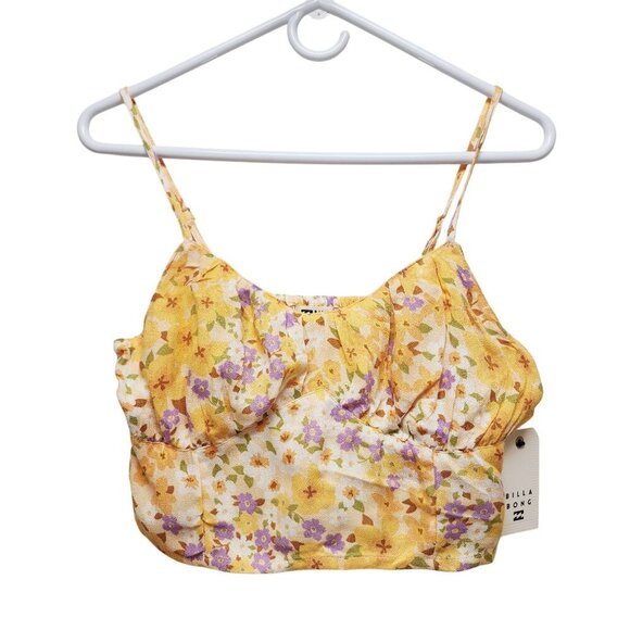 Billabong Womens Floral Yellow Crop Top Size L 12 Adjustable Straps Smocked Back - Picture 1 of 8